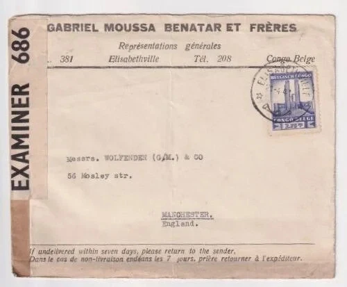 Cubierta de censor comercial Elisabethville Congo Belge Segunda Guerra Mundial a Manchester
