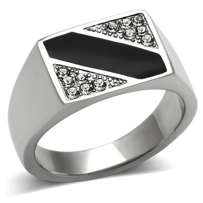 Men's Geometric Ring, Clear Top Grade Crystal, Stainless Steel, Signet, Black
