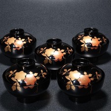 Echizen Lacquer Genshindo Iron Line Makie Soup Bowls Set Of 5 w/Box