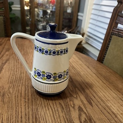 WAKU vintage teapot porcelain blue yellow and white hand painted Germany 