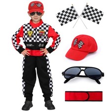Race Car Driver Costume Boys Girls Racer Jumpsuit With Car Cap Sunglasses Dre...