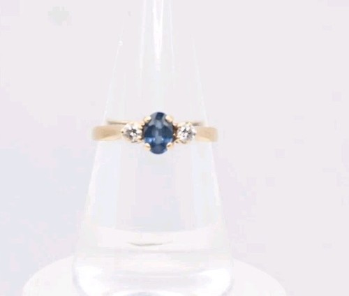 Vintage Blue Sapphire & Diamond Trilogy Ring 9ct 9k 375 Yellow Gold - Size L - Picture 4 of 7