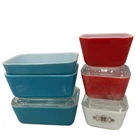 6 Vintage PYREX Refrigerator Dishes Red Blue White Lids Rectangle 501 502 Mini