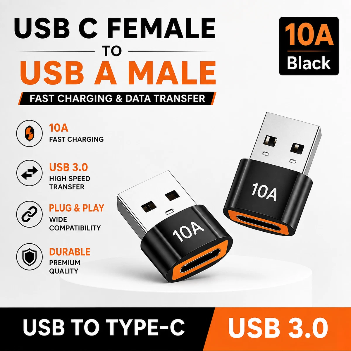 USB Type A Male to USB C Type C Female Charging Port Adapter Fast Converter 10A