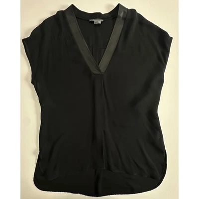 Vince Silk Leather Trim V-Neck Blouse Black Sleeveless Top S Sony Studios  READ