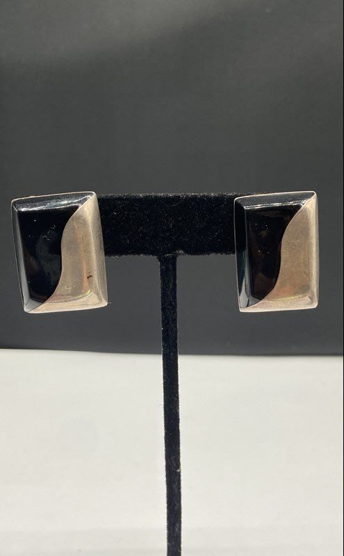Sterling Silver Black Rectangular Stud Earrings 1… - image 1