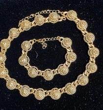 Vintage Lion Head Heavy Link Necklace & Bracelet Set, Gold Tone, Adjustable