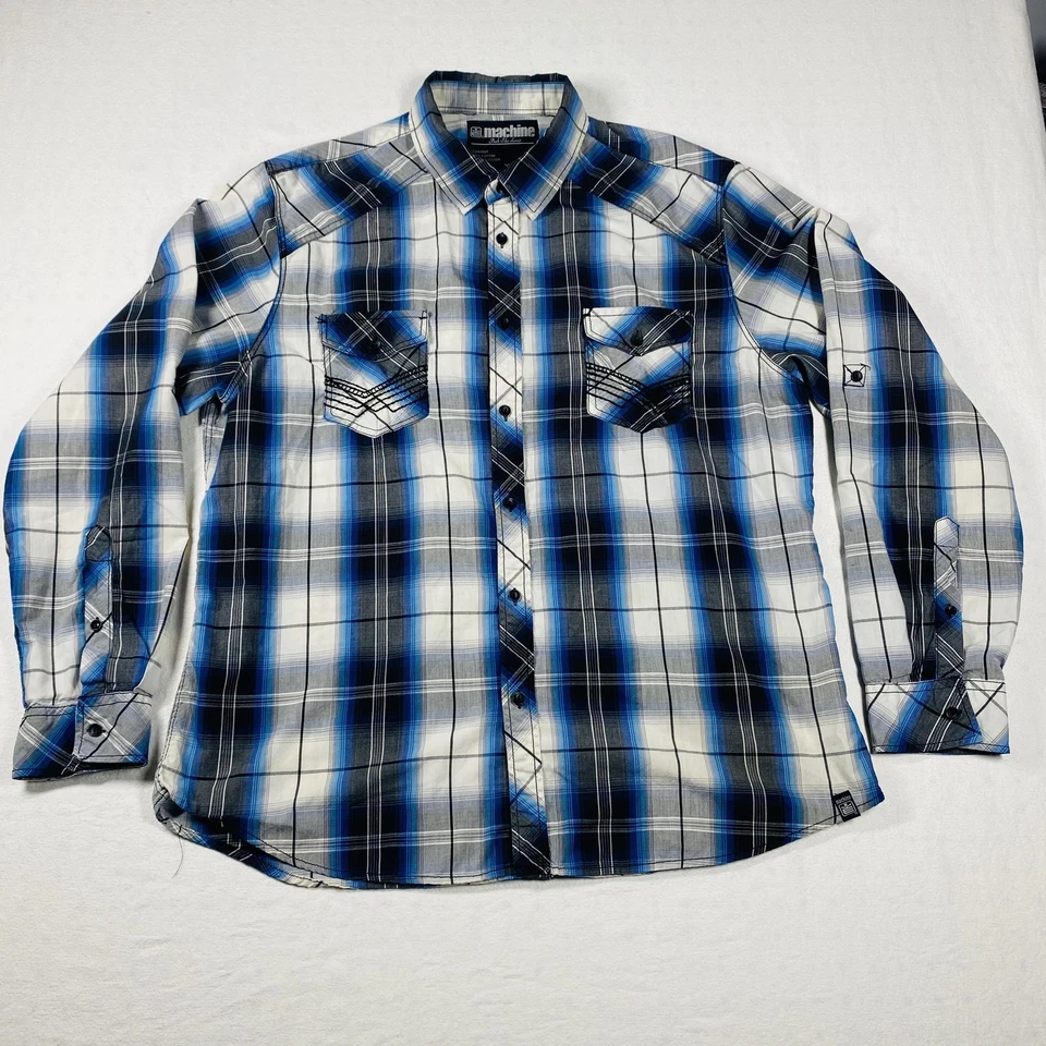 Camisa Máquina Para Hombres 2XL Azul Negro Cuadros Vaquero Occidental Informal Manga Larga Bolsillo Foto 3 de 4
