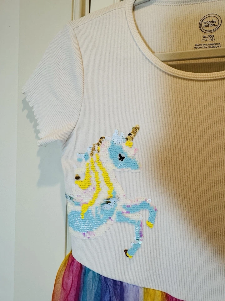 Vestido Tutú Wonder Nation Unicornio Lentejuelas Arco Iris Tul Niñas XL 14/16 Foto 3 de 4
