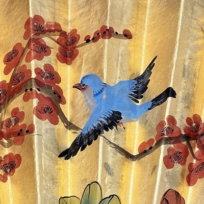 Vintage Asian Hand Painted Fan Large Wall Hanging 40x60''