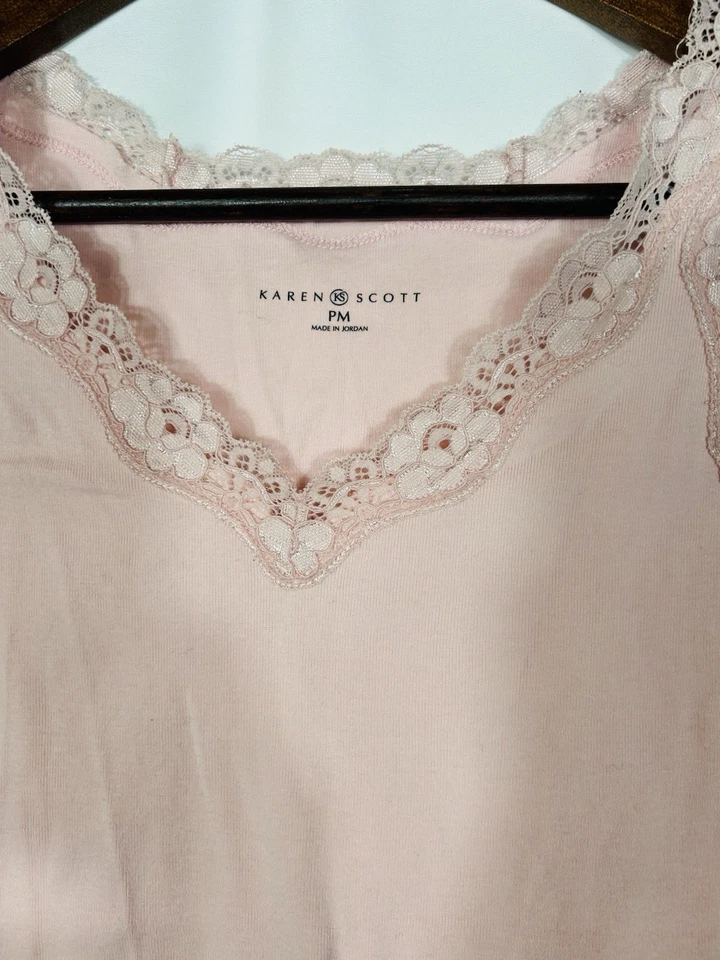 Camiseta sin mangas Karen Scott con ribete de encaje cami talla PM elástica romántica preppy delicada Y2K Foto 4 de 4