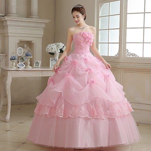 Women Wedding Dress Tube Top Elegant Dress Crystal Mesh Lace Elegant Bride Dress - Picture 14 of 15