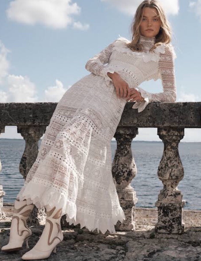 RARE Zimmermann Ruffled Tiered Crocheted-Lace Midi Dress Size 2