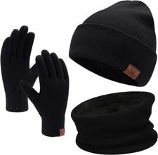 3Pcs Winter Beanie Hat Scarf Touchscreen Gloves Set for Men & Women Fleece Lined
