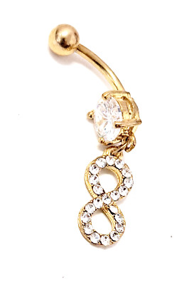 Belly Ring Infinity Sign Gold IP w/Clear Gems Dangle Naval 