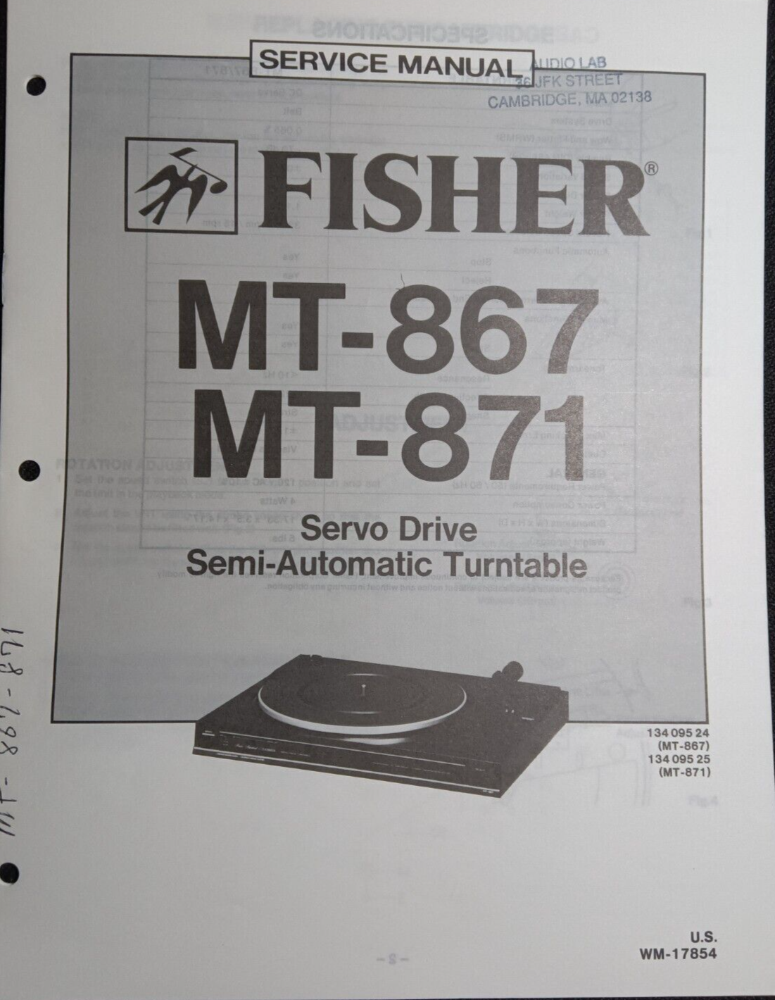 Fisher MT-867 MT-871 Semi-Automatic Turntable Service Manual Original