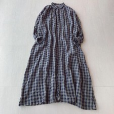 ICHI Antiquites Linen Long Dress Shirt Collar Navy Check Gray Color Azumadaki