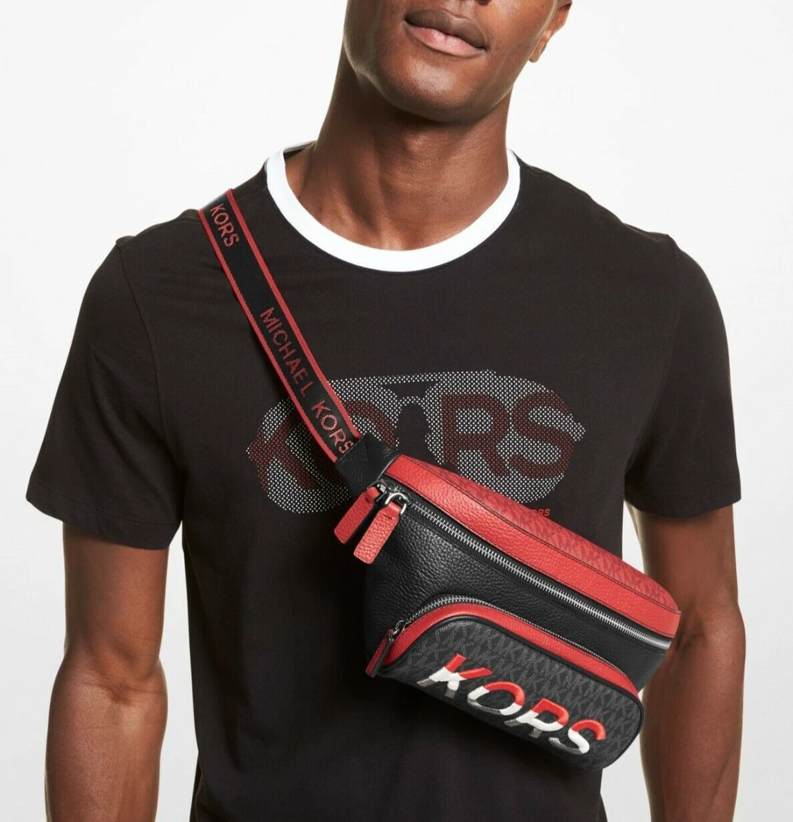 Michael Kors Men Cooper Embroidered Two Tone Logo and Leather Crossbody Belt Bag