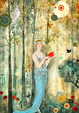 Garden Party vintage girl among the flowers 2.5x3.5 ACEO landscape art