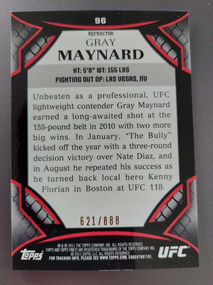 Gray Maynard #96 2011 Topps UFC Finest Refractor #621/888 - Image 2 of 2