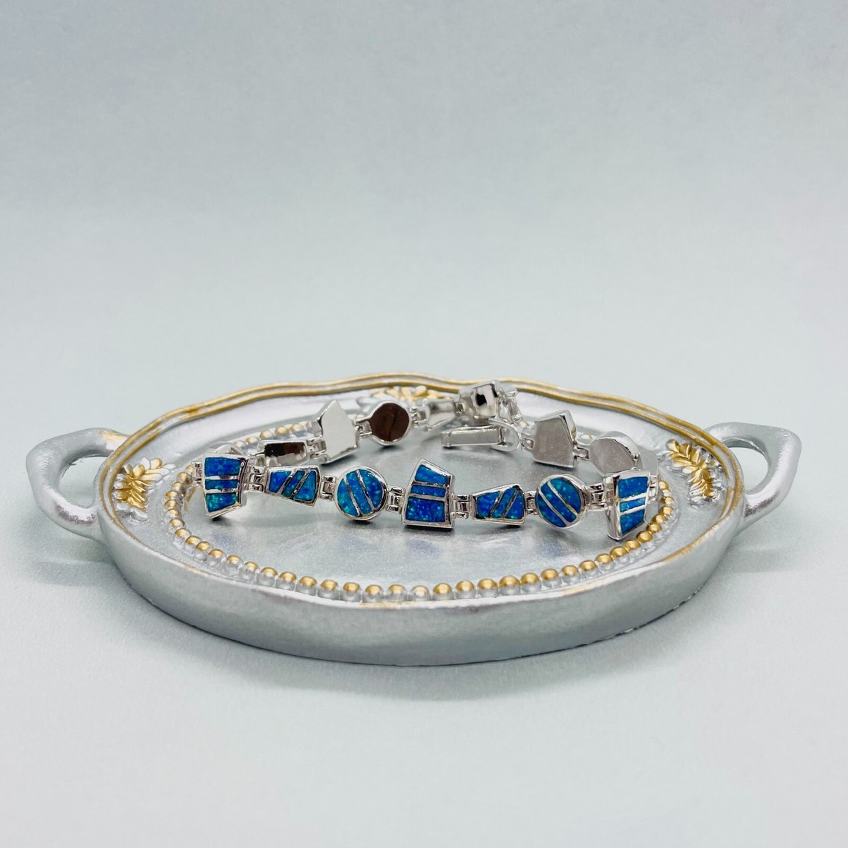 Sterling Silver Synthetic Opal Bracelet Round & Trapezoid links