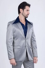 Men's Gray Satin Suit Peak Lapel Blazer Party Prom Tuxedo Groom Wedding 2 Piece