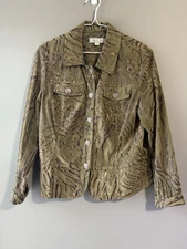 Birch Hill Jacket Shimmery Green Animal Print Size Small Button Up