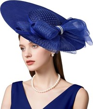 dressfan Royal Blue Fascinator Hat Headband Wide Brim Kentucky w/ Rhinestones