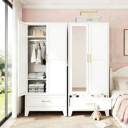 Metal Armoire with Mirror & Drawers – Perfect for Bedroom, Hallway