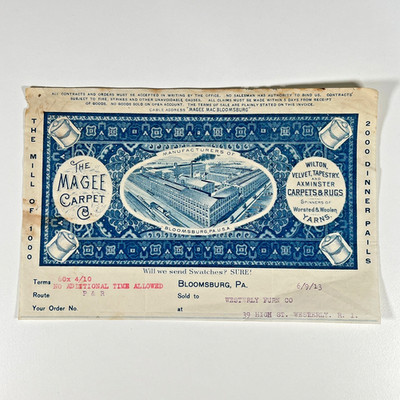 Antique 1913 Magee Carpet Co Invoice Billing Statement for Westerly Furn Co