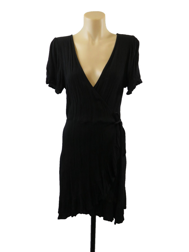 Supre Black Wrap Dress Size 12 M Crinkle Boho Hippie Beach Mini Short Sleeves