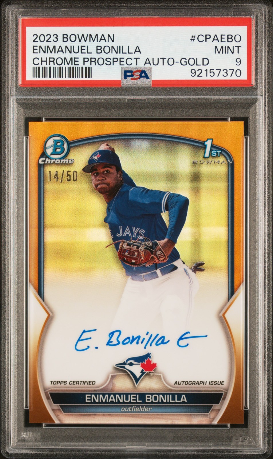 Enmanuel Bonilla 2023 Bowman Chrome Auto True Gold /50 PSA 9 Jays #CPAEBO