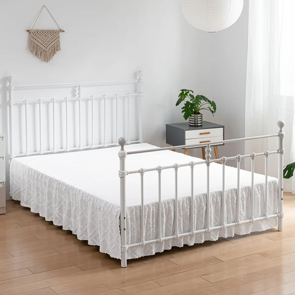 Queen Bed Skirt Tufted Ruffled 18 Inch Drop Split Corners Boho Style White - Image 3 of 4