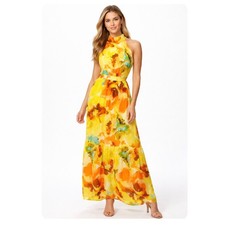 Tahari ASL™ Women's Yellow Floral Sleeveless Halter Tie Back Maxi Dress Sz 10