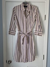 Faconnable Cream Blue Red Striped Belted Shirt Dress Size 8 Nautical Preppy
