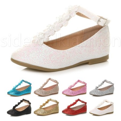 Mädchen Kinder Kinder T-Bar Glitzer Party Brautjungfer Schuhe Ballerinas Gr.