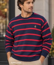 Lauren Ralph Lauren Mens M 100 Cotton Sweater Navy Red Striped Crewneck