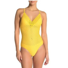 Robin Piccone Chira V-Neck Ric Rac One-Piece Swimsuit Size 12 - Yellow - NWOT