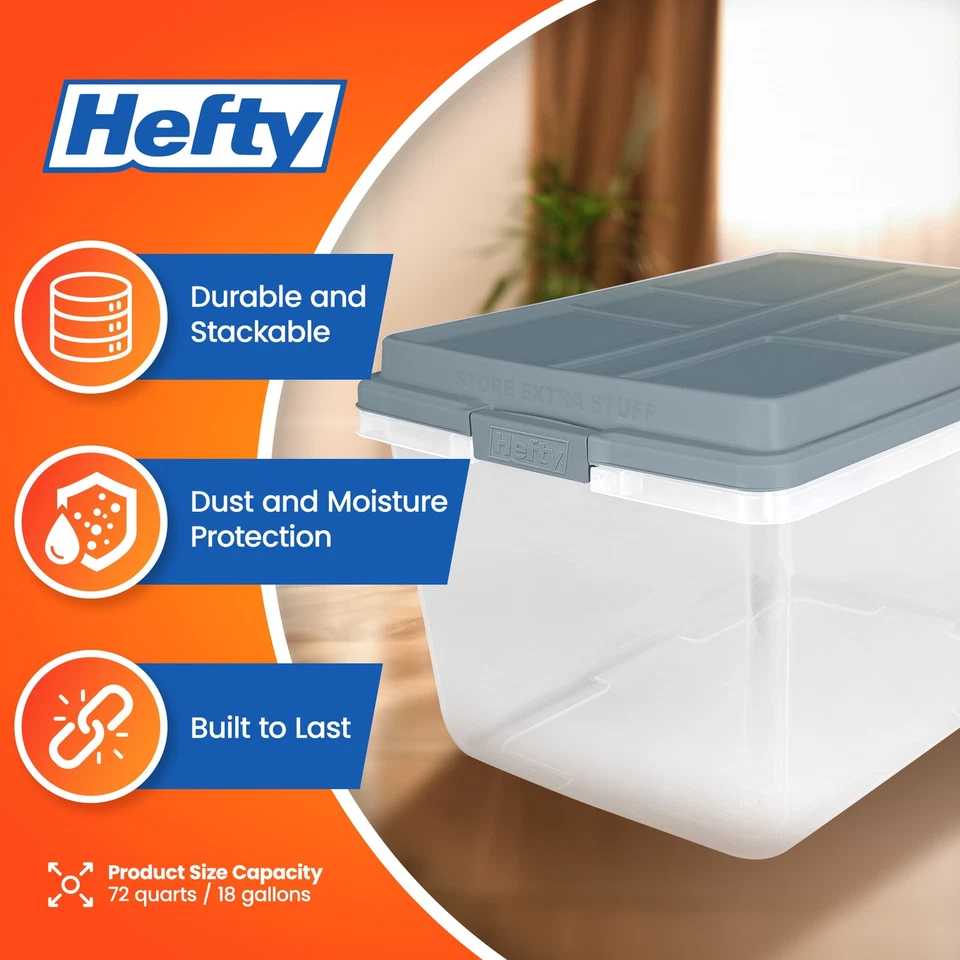Hefty 72 Qt Hi-Rise Plastic Storage Bin with Lid, 6 Pack, Smoke Blue (Open Box) - Image 2 of 4