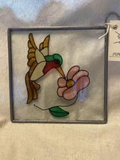 VTG Stained Glass Hummingbird Suncatcher w Flower Design by Sunshine  s Art 5  x5  