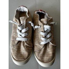 Tommy Bahama Enisa Tan Slub Canvas Slip On Sneakers Embroidered Heel Womens 7.5