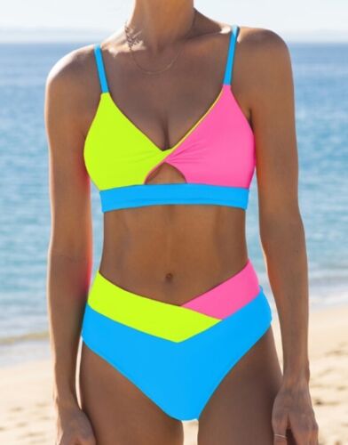 Popvil Color Block Front Cutout Back Lace-up Blue Bikini Set - Size Large