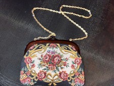 VTG Floral Tapestry Clutch Purse Brown Lucite Handle Kiss Lock Hong Kong Roses