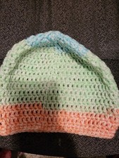 Unisex Crochet Beanie. Blue, Green Coral Soft And Stretchy. USA Made.