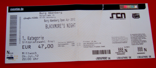 Altes Konzertticket - BLACKMORE`S NIGHT - 2012