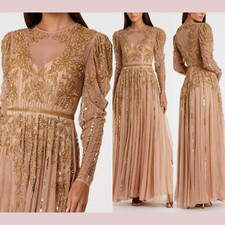 NWT $998 Mac Duggal [ 10 ] Beaded Illusion Puff Sleeve Gown in Nude Gold #Q996