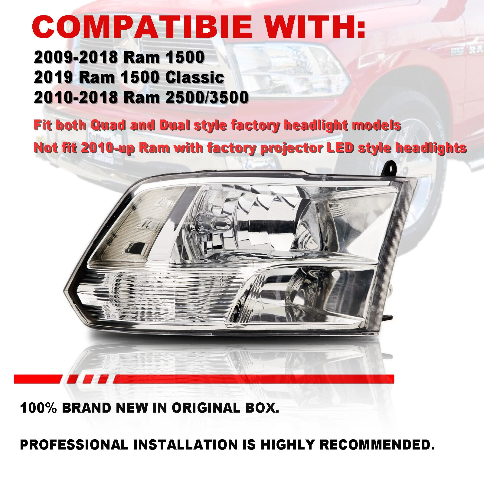 Fit For 09-18 Dodge Ram 1500 2500 3500 Clear Lens Chrome Headlights Left+Right