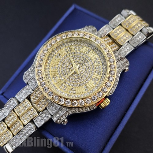 Watch Couple Set Hip Hop Iced Lab Diamond Two Tone Metal Band Bling Fashion - Picture 5 of 10