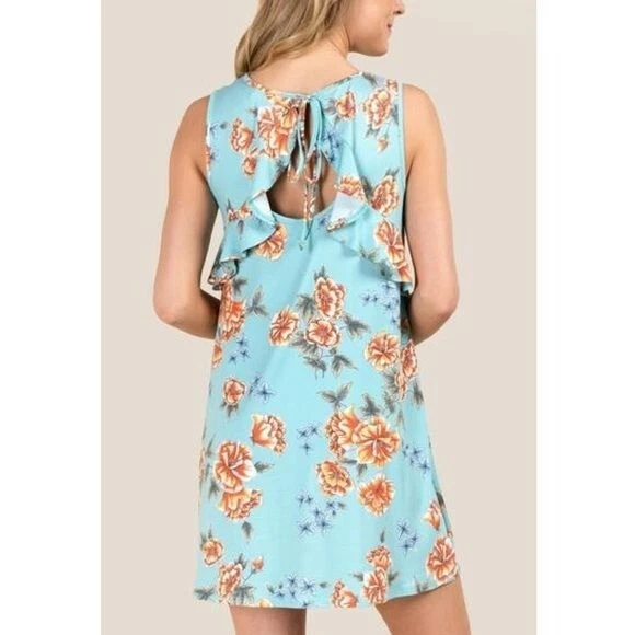 Francesca s Elin Floral Sleeveless Ruffle Back Knit Blue Teal