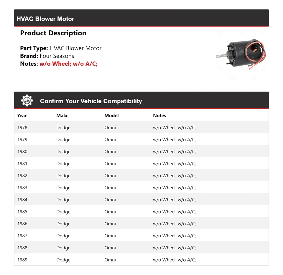 Motor soplador 4 estaciones 1979 1980 1981 1982 1983 Dodge Omni 1978-1989 Foto 2 de 4